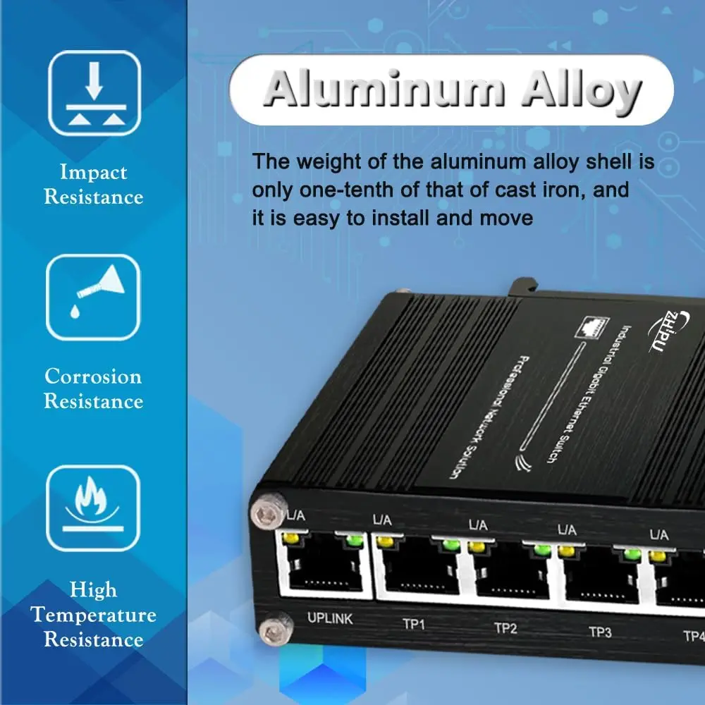 Industrial 5-Port Gigabit Ethernet PoE/No PoE Switch , 10/100/1000Mbps, Din Rail & Wall Mountable , 10Gbps Switching Capacity