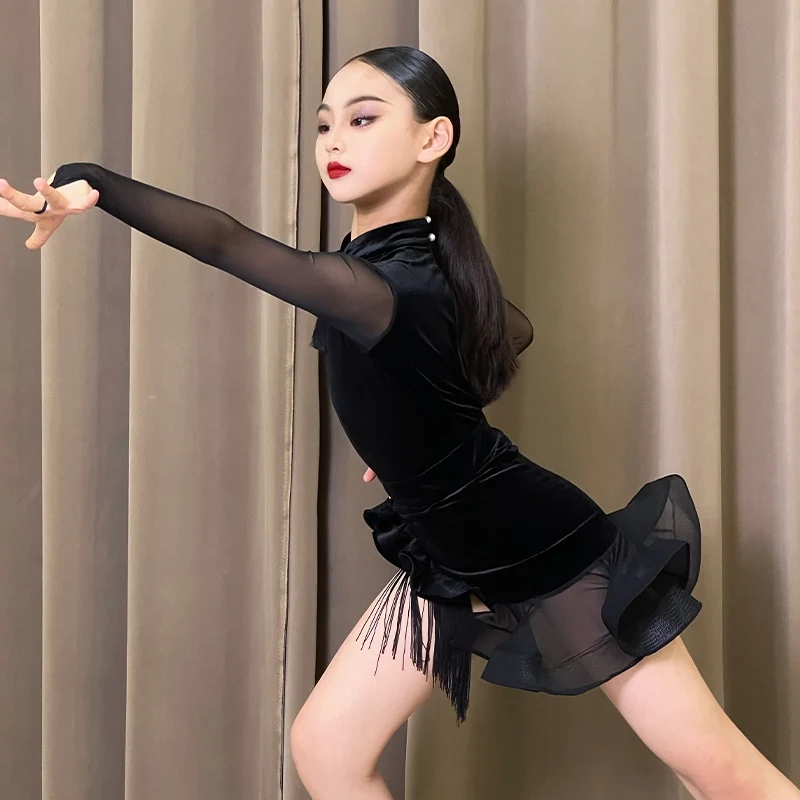 2024 Children Latin Dance Competition Dress Girls Black Fringe Dress Group Prom Performance Dance Costume Stage Wear DNV21535