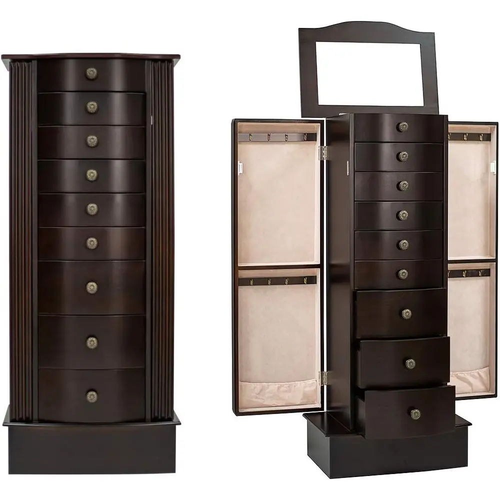 

Large lry Armoire Standing lry Cabinet Wooden lry Box Cambered ront Ring klace Storage Organizer with Top lip Makeup Mirror Retr