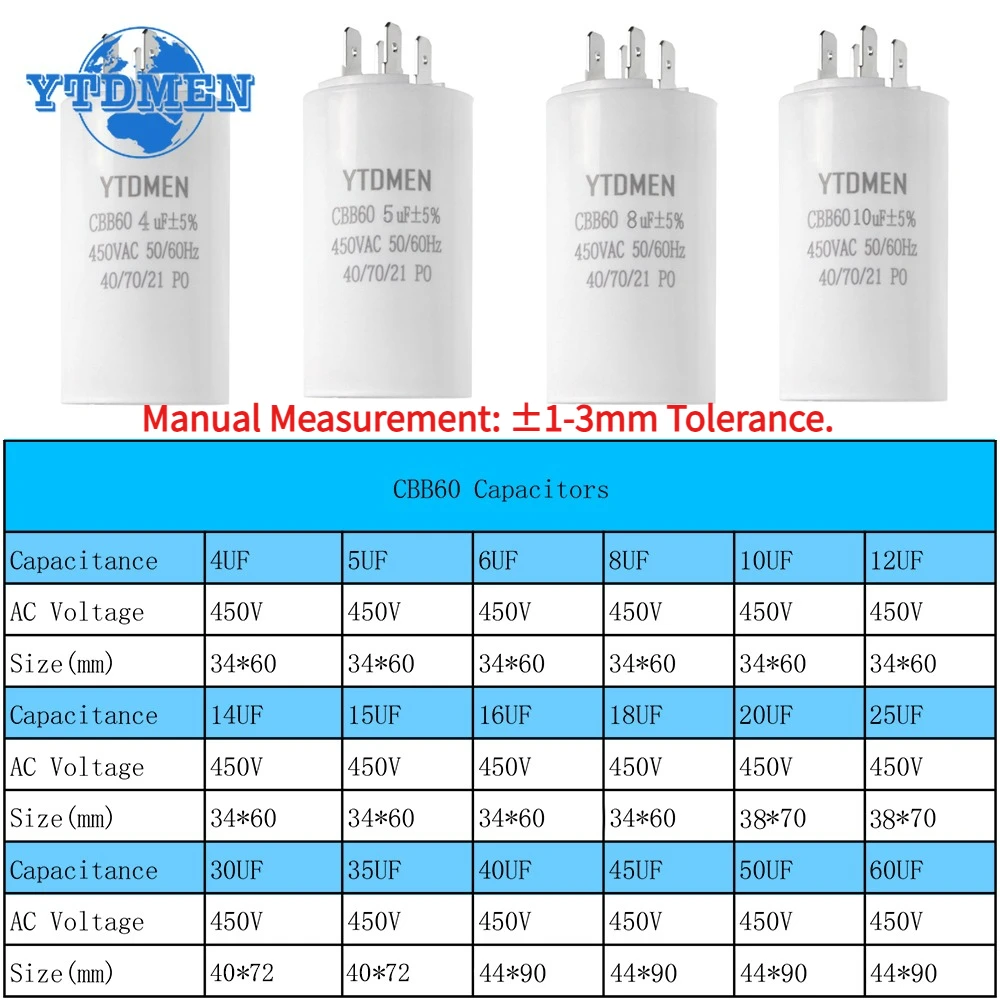 1PCS 450VAC CBB60 มอเตอร์ Run Capacitors 4pin Dual ใส่ราคาเริ่มต้นที่ Capacitor 4UF-60UF สําหรับ Air คอมเพรสเซอร์ปั๊มน้ํา 6UF 10UF 50UF
