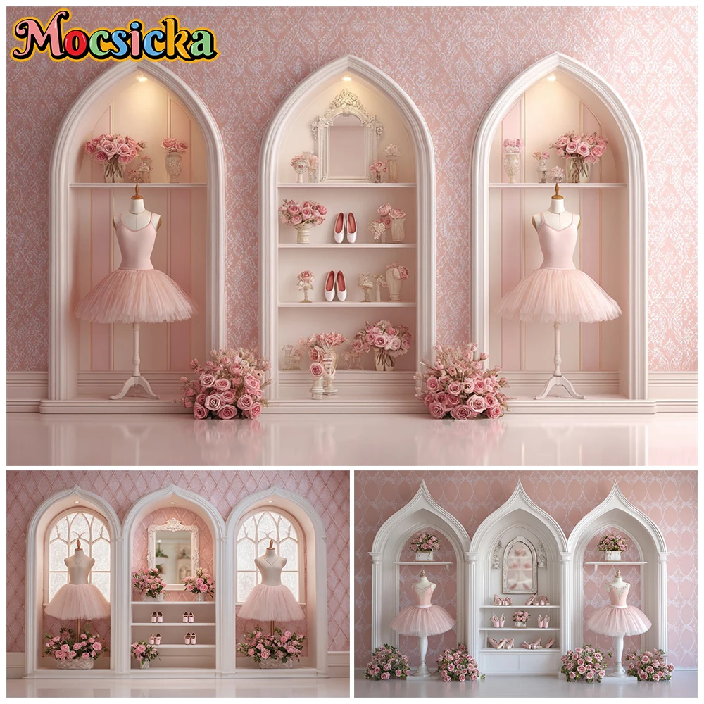 

Mocsicka Pink Ballerina Photography Backdrop Princess Bedroom Wardrobe Dressing Table Rose Background Girls Birthday Photo shoot