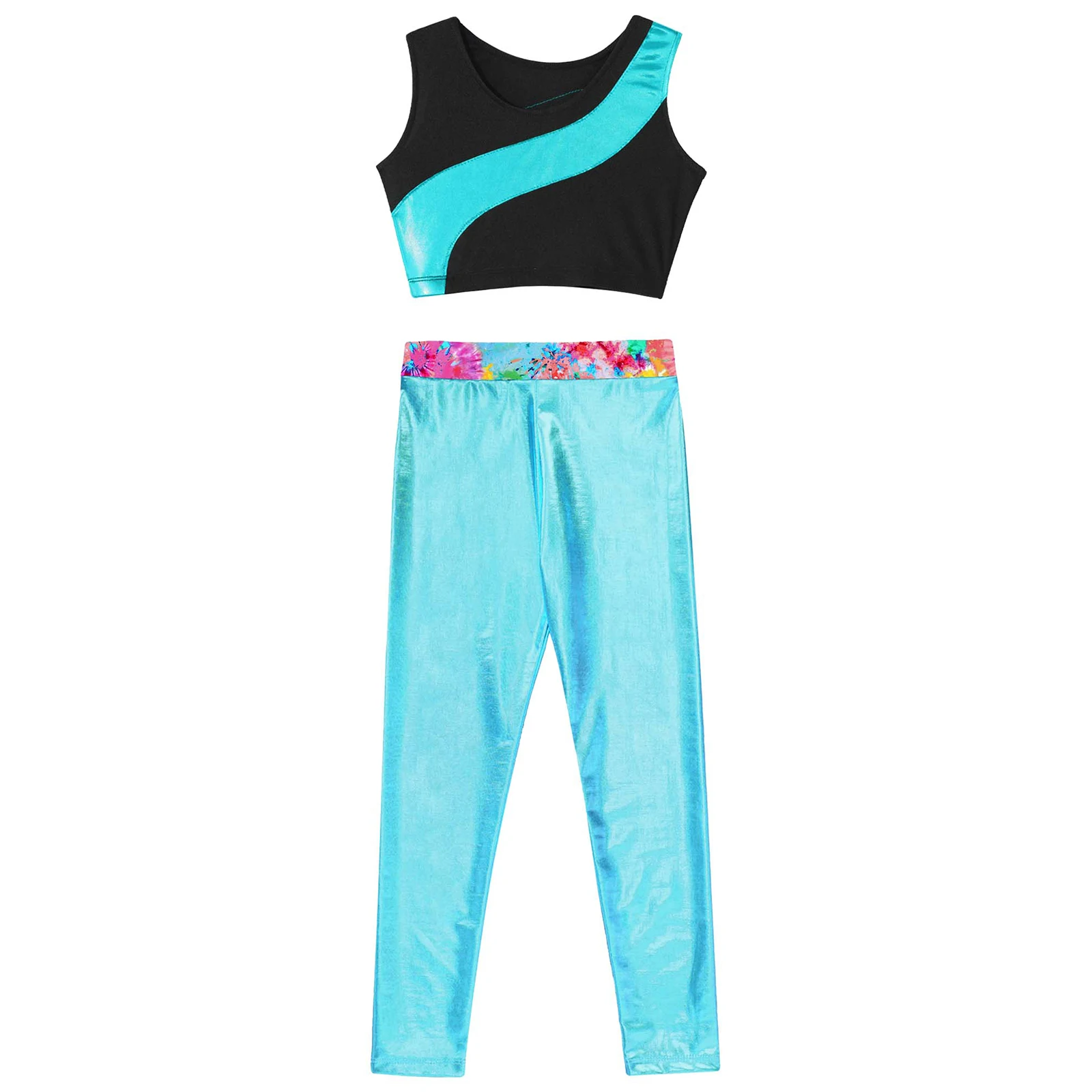 Kinder Meisjes Yoga Gymnastiek Dans Kostuum Sportkleding Mouwloze Glanzende Steentjes Patchwork Crop Top Vest + Metallic Leggings Broek