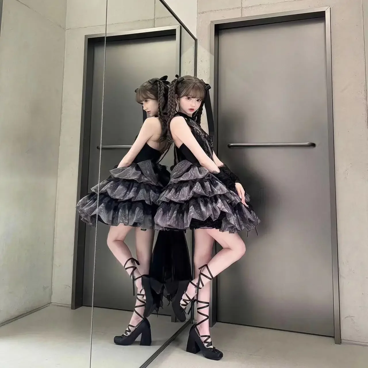 SOIOMES Smoke Purple Spot Genuine Lolita Saia Vestidos de bolo em camadas femininos