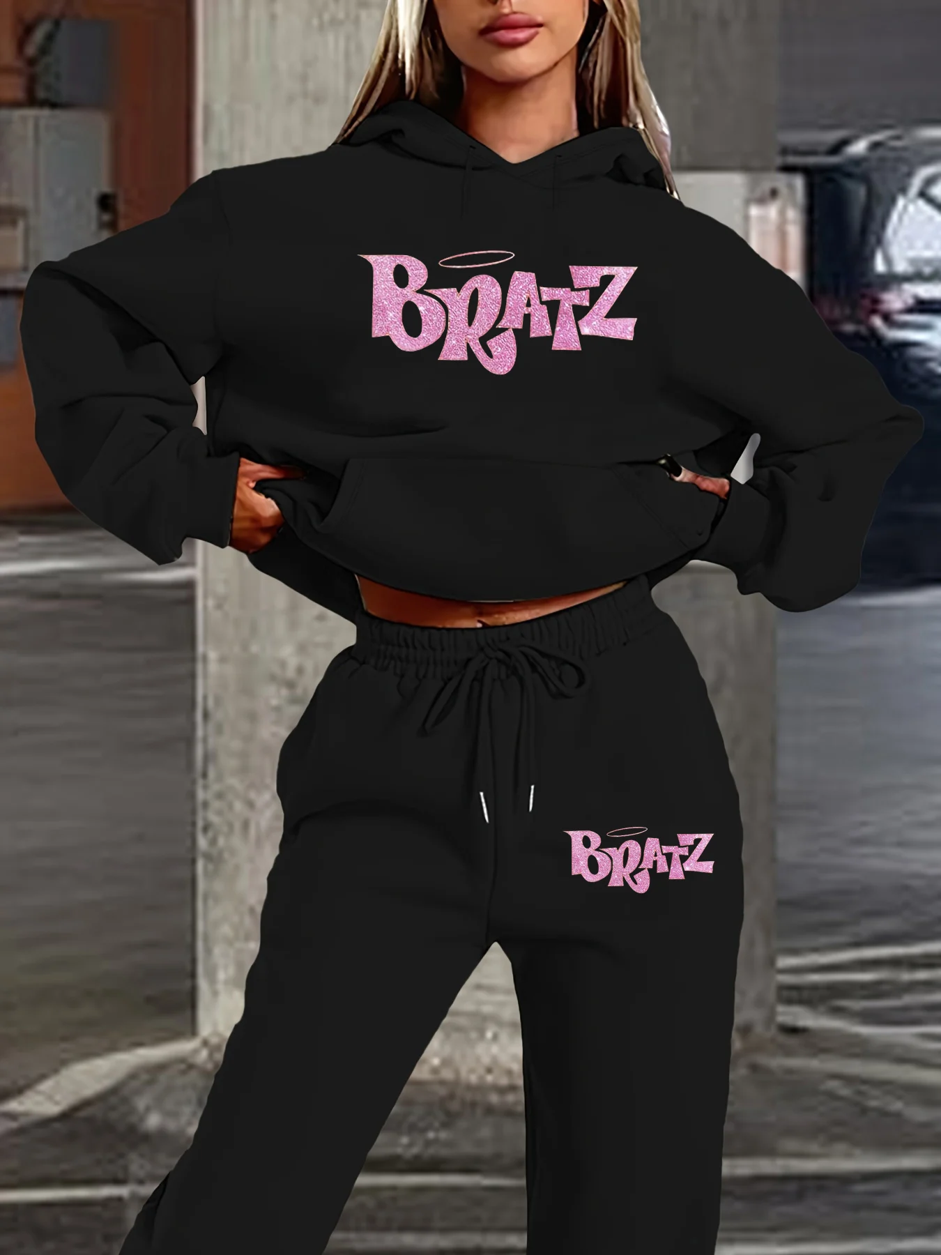 Conjunto de moletom feminino + calças esportivas hip hop street casual brtz carta padrão impresso solto outono/inverno roupas quentes