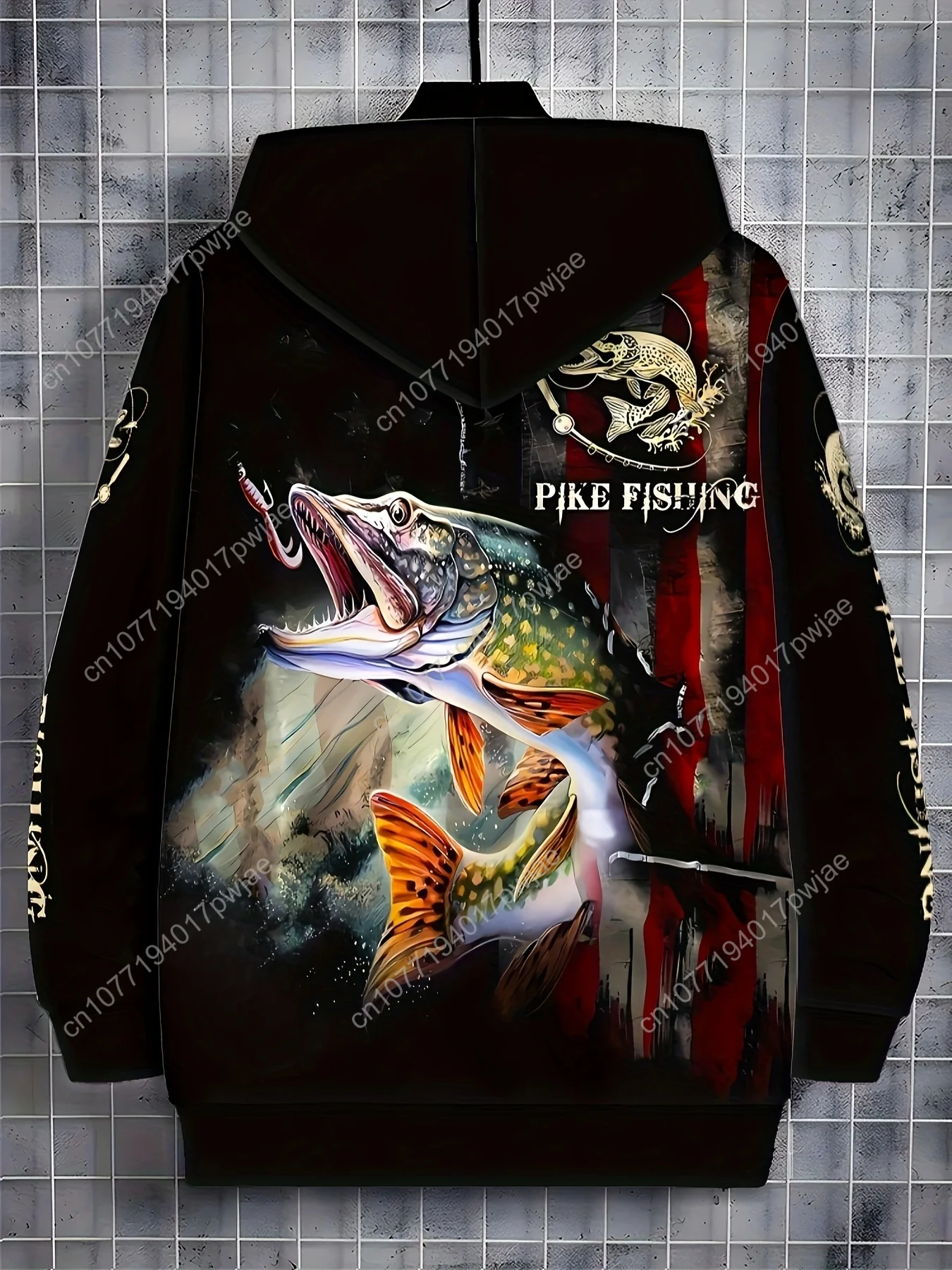 Мужская толстовка с принтом для ловли щуки — стильная молния с длинными рукавами, ярким рыбным дизайном, капюшоном на шнурке и карманами, идеально подходит для