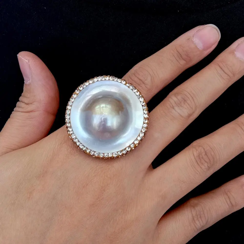 YYGEM 35mm Natural Silver Gray Mabe Pearl Crystal Pave Ring Adjustable Ring Gift For Women