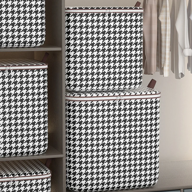 Houndstooth Cloth Storage Box With Cover Quilt Bedroom Closet  Handle Container Large-Capacity Storage Box Moving Packing Bag