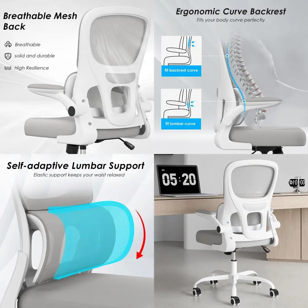 Ergonomic Swivel Office Chair with Adjustable Lumbar Support, Flip-Up Arms, and Height for Comfortable Study and Gaming in White