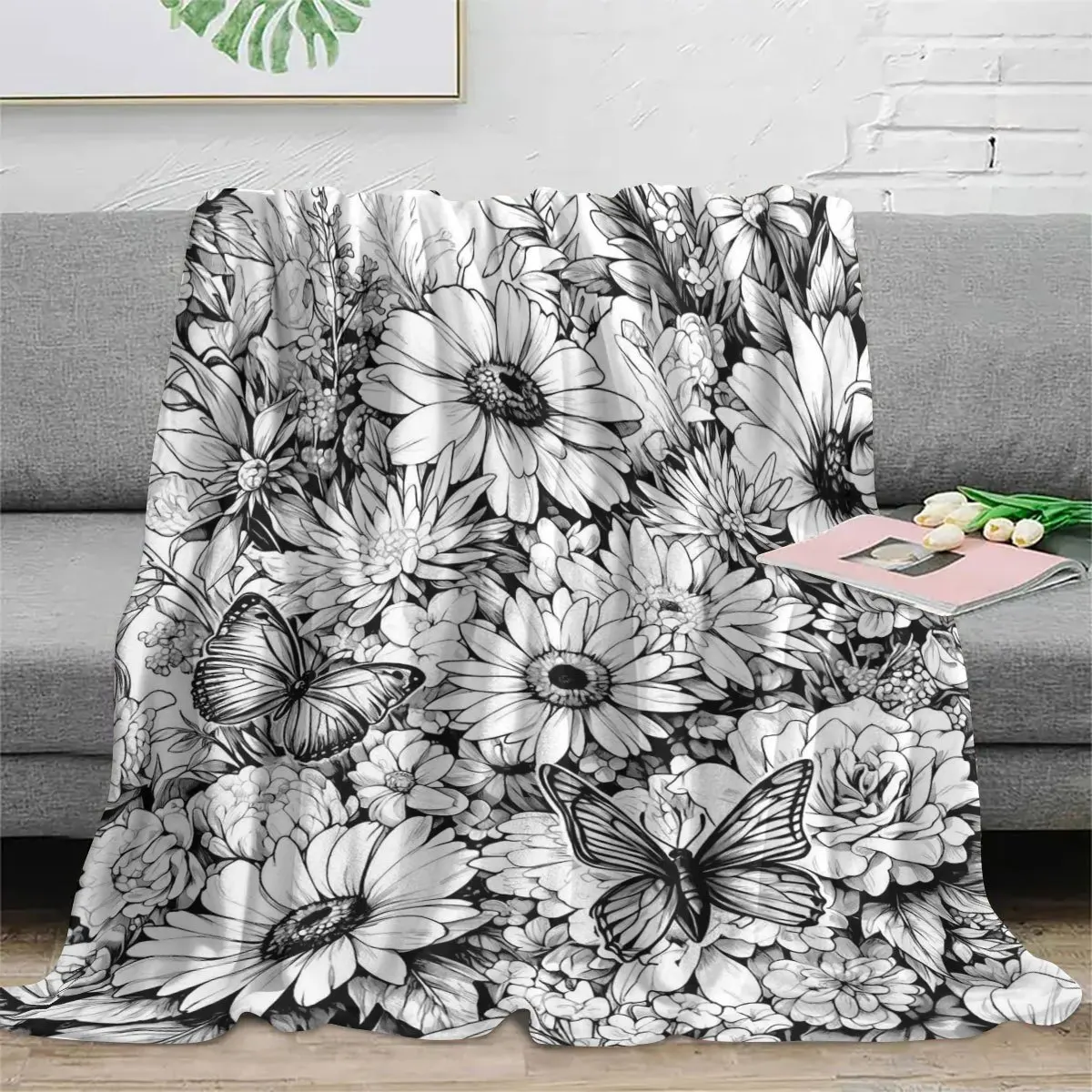 Boho Floral Butterfly Botanical Line Art Throw Blanket Polyester Cozy Couch Decorative Accent Home Decor Sketch Gift