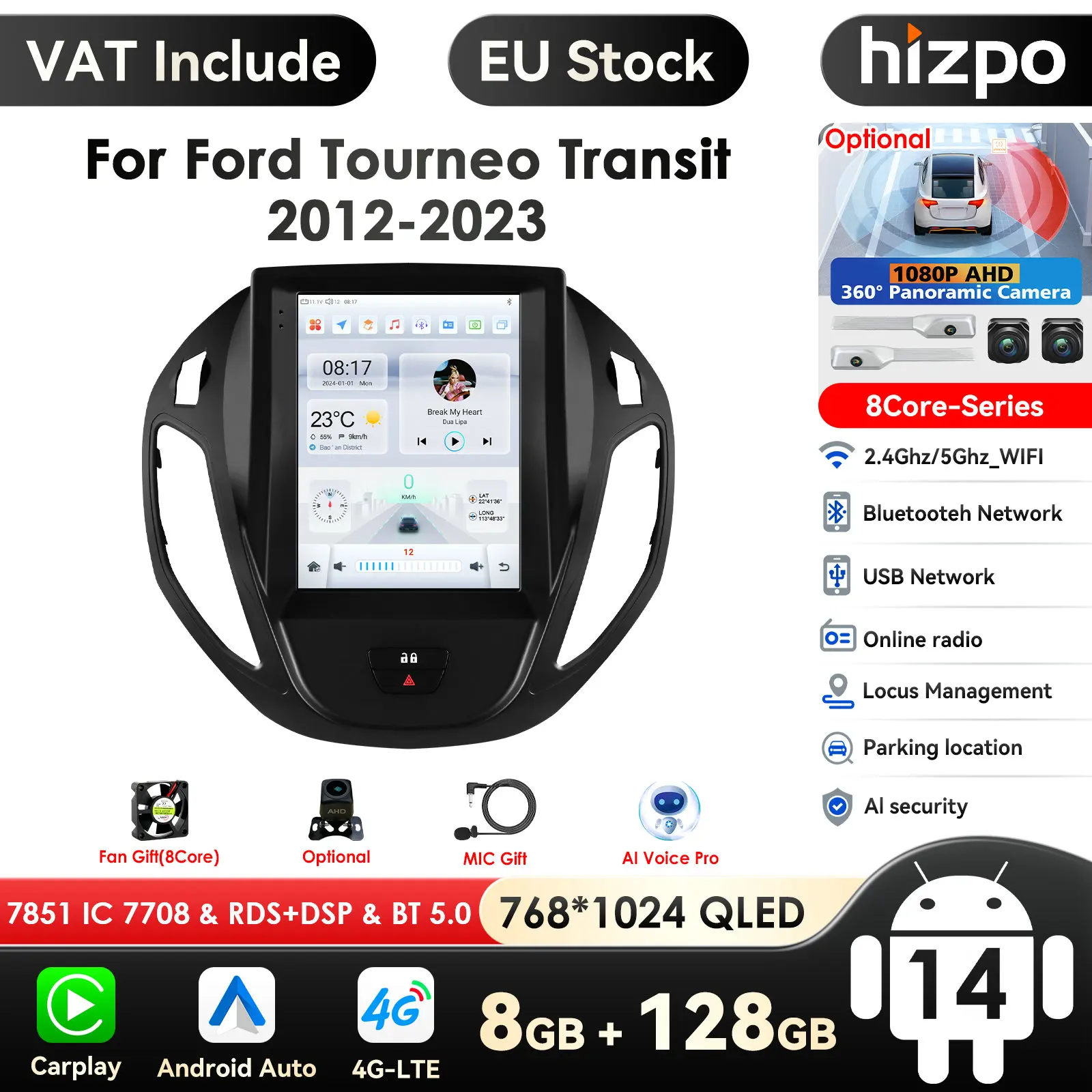 9,7 Zoll Bildschirm 7862 2din Android14 Autoradio Multimedia-Videoplayer für Ford Transit Tourneo 2012-2023 GPS Carplay Auto 4G RDS