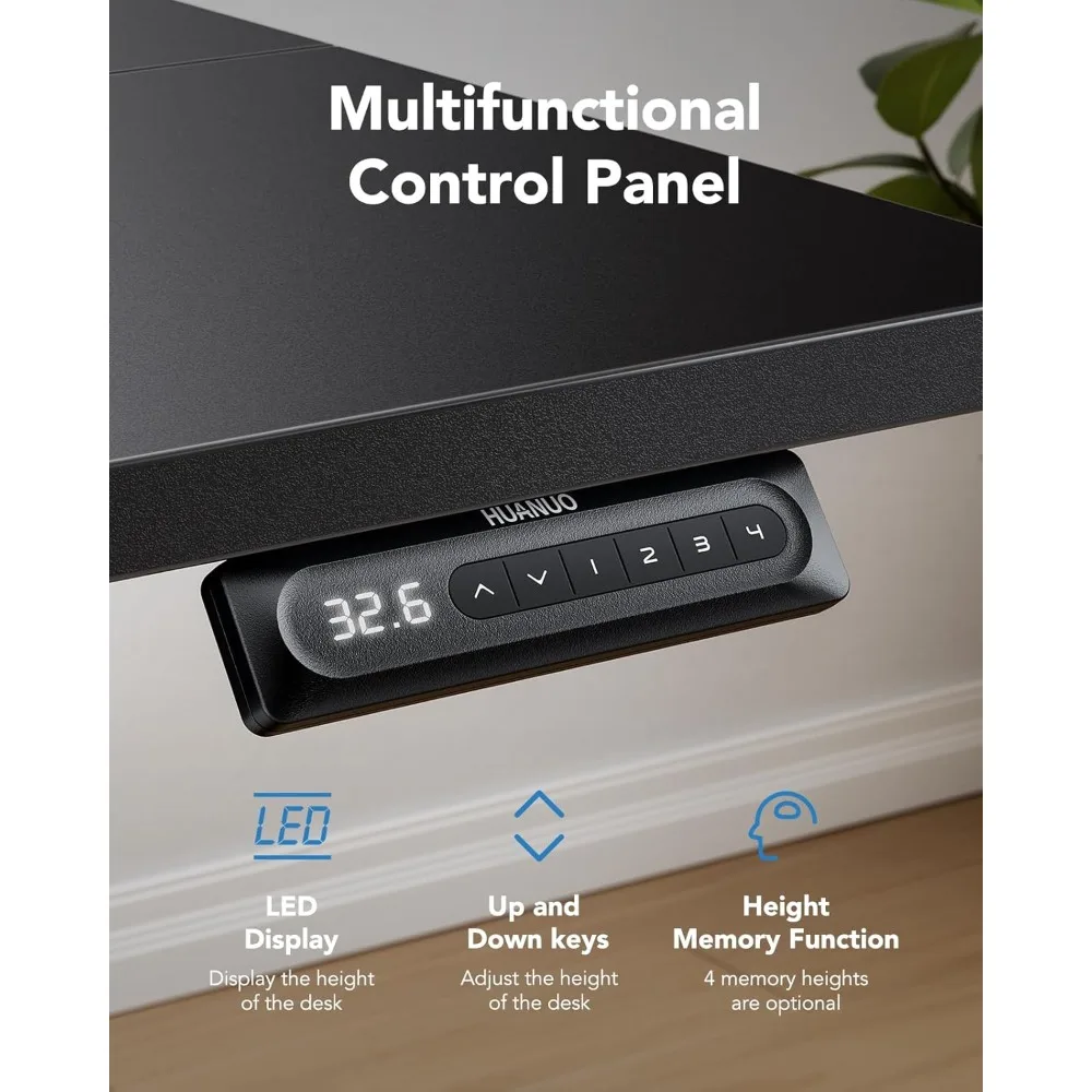 ارتفاع مكتب قائم كهربائي مقاس 55 × 24 بوصة قابل للتعديل، 4 إعدادات لارتفاع الذاكرة، خطاف سماعة الرأس، مدير الكابلات، الجلوس الوقوف