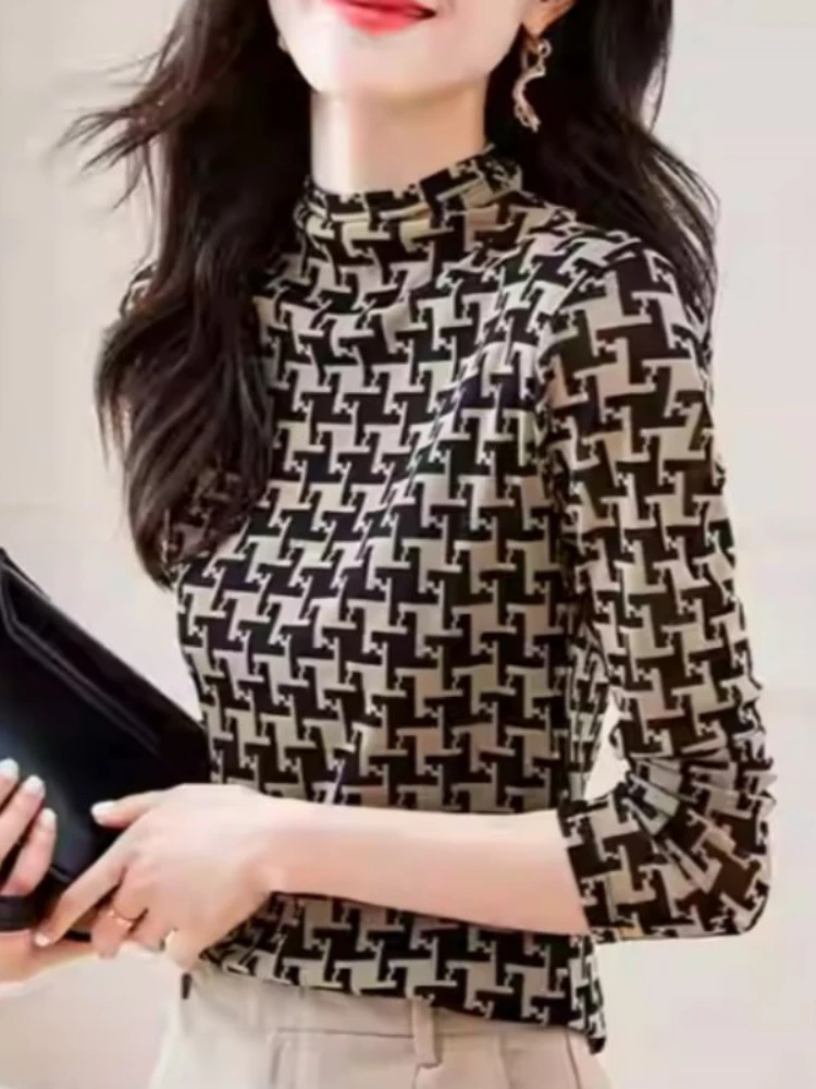 Half high neck Thousand Bird Grid casual pullover women 2026 spring new commuting long sleeved slimming versatile T-shirt