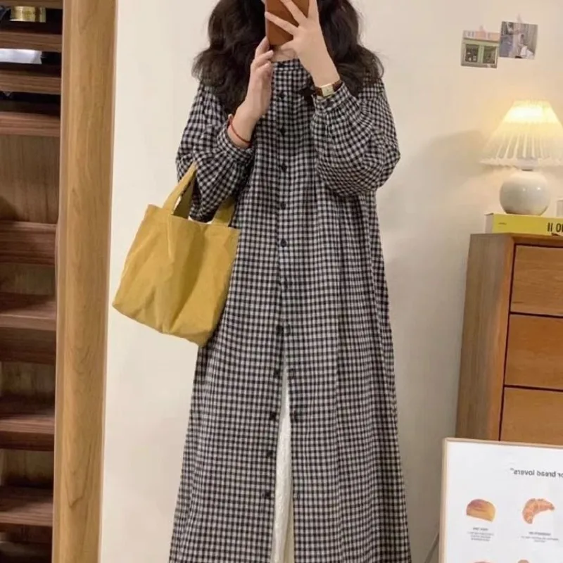 Japanese Mori Girls Style Loose Plaid Dress Suit Women Spring Summer Long-sleeved Blouse Dress Beige Skirt Vintage Two Piece Set