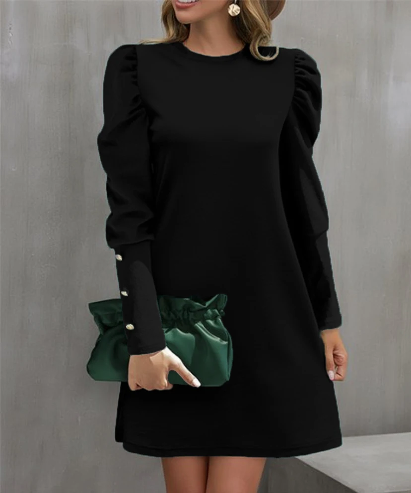 2024 European and American Cross-Border Women\'s Clothing Amazon Autumn and Winter New Pure Color Round Neck Puff Sleeve Button L