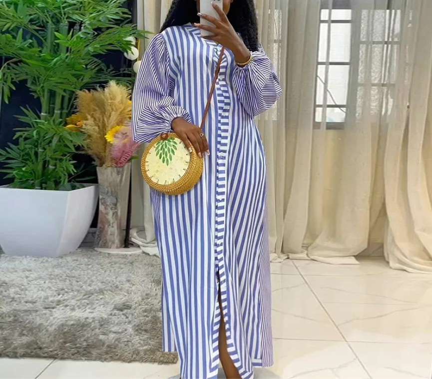 2025 الخريف والشتاء المرأة الجديدة الحلو والطازجة مخطط الخامس الرقبة فانوس كم واحدة الصدر مستقيم أنبوب فستان تنورة طويلة