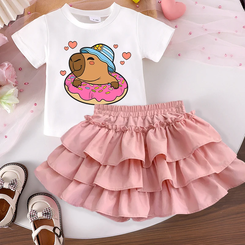 Capybara 2-teiliges T-Shirt & Faltenrock-Set für Mädchen – Cartoon-Geburtstagskleid, lässige Mode, bequeme Outdoor-Röcke & Oberteile