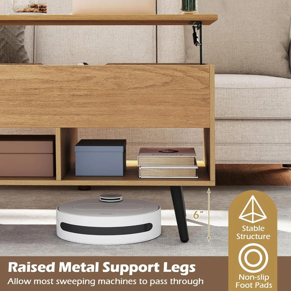 Modern Flip Top Coffee Table with Hidden Storage and 2 Open Shelves, Contemporary Cocktail Table for Living Room