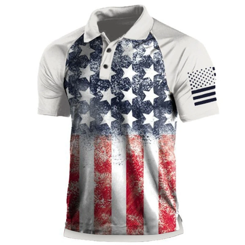 Bandeira americana masculina em 3D estampada camisa polo de manga curta, moletom casual, streetwear vintage, blusa solta, verão