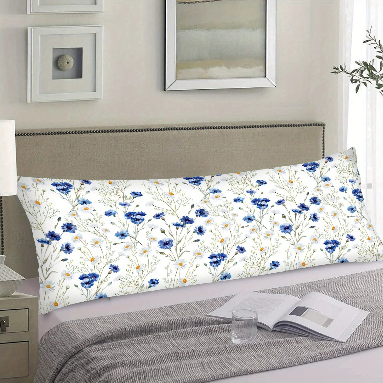 Florals Body Pillow Cover, Flower Blooms Wildflowers Poppy and Daisy Floral Cushion Long Pillowcase with Zipper