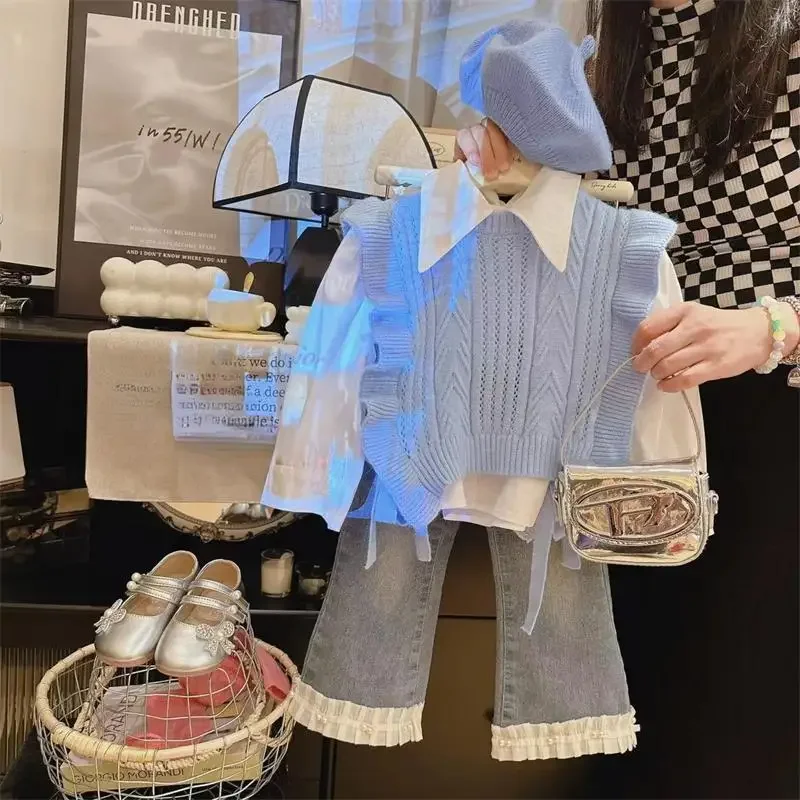 

Girls' Spring and Autumn Set Fashion 2026 New Children's Long Sleeve Shirt+Vest+Lace Jeans 3-Piece Set