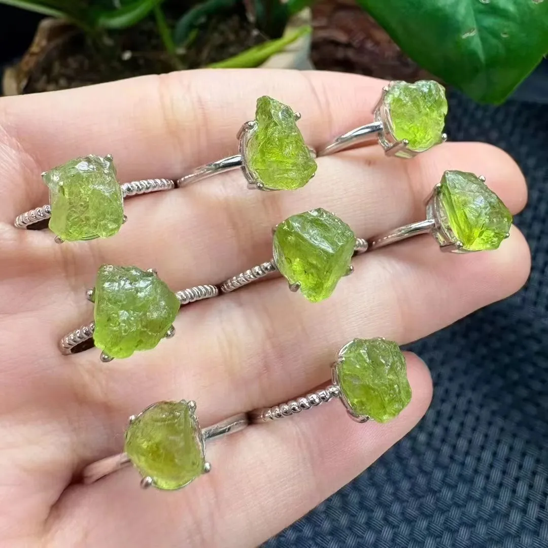 

1 Pc Fengbaowu Natural Raw Rough Peridot Ring 10MM 925 Sterling Silver Reiki Healing Stone Fashion Jewelry Gift Women