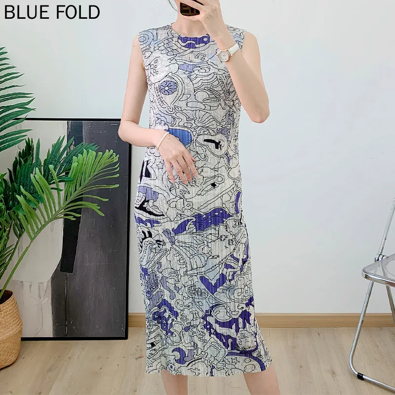 

MIYAKE-Printed Pleated Dress, French Elegant Printed Long Dress, Elastic Large Sleeveless Vest, Summer Thin Vestido