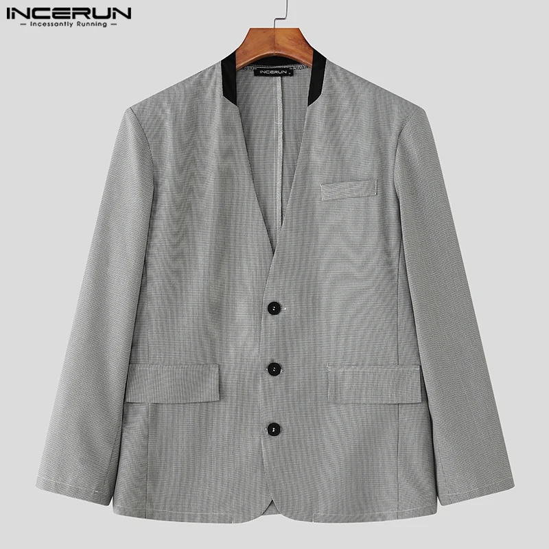 Incerun masculino blazer xadrez retalhos com decote em v botão manga longa casual terno masculino streetwear 2025 moda elegante casacos masculinos blazer