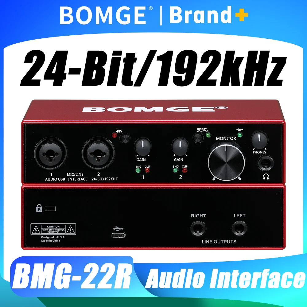 

Аудиоинтерфейс BOMGE 2x2 USB, 24-битный/192 кГц, с высоким разрешением, двумя комбинированными входами XLR/TRS для студийной работы