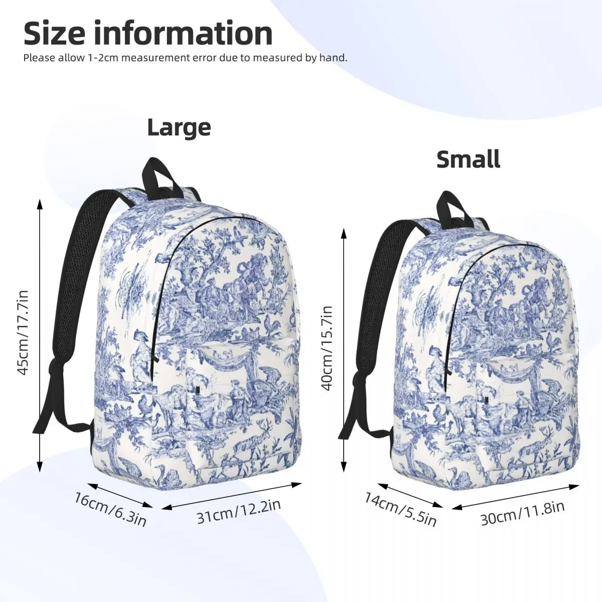 Personalizado azul marinho Toile De Jouy lona mochilas homens mulheres básica Bookbag para a escola faculdade francês campo sacos florais