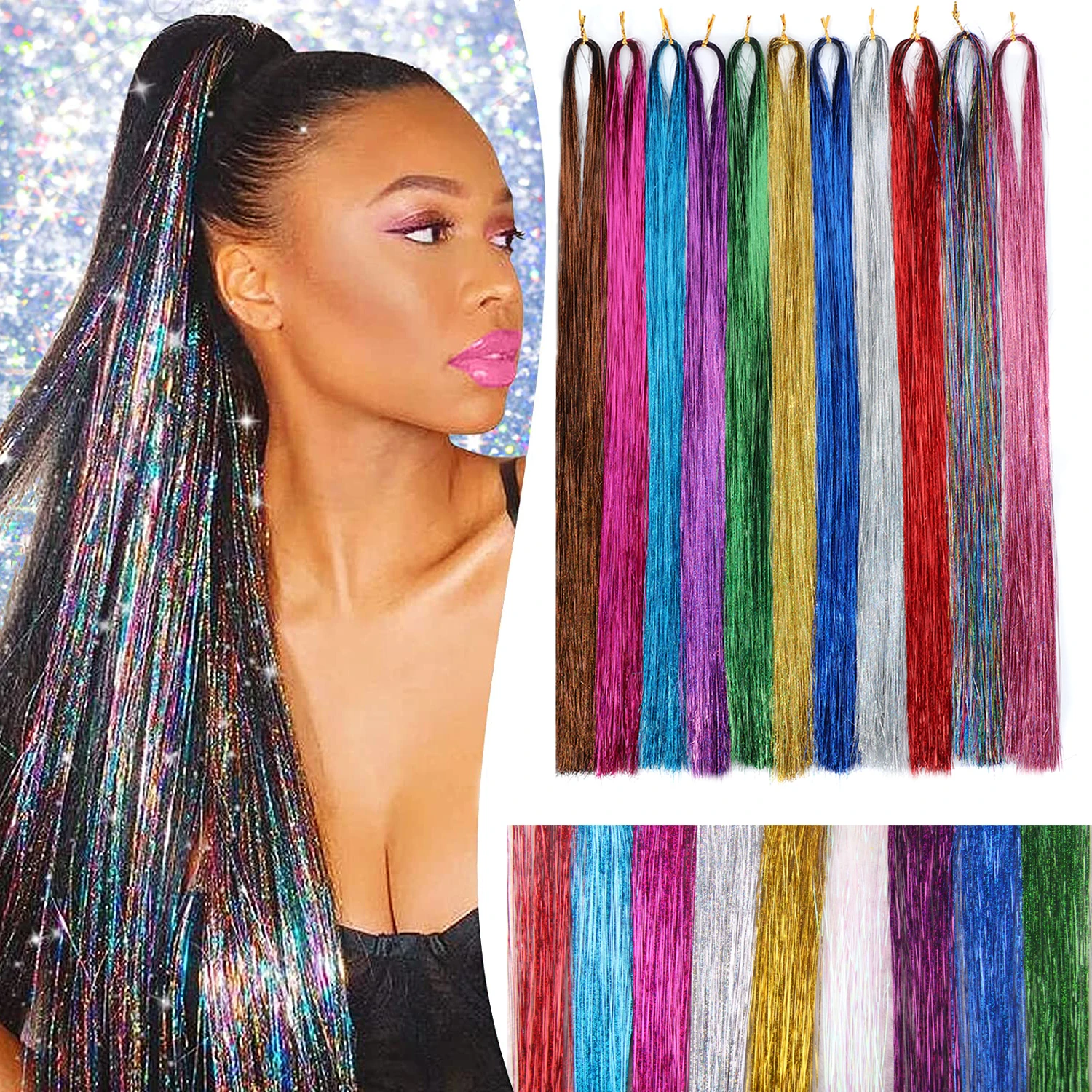 

Tinsel Sparkle Synthetic Hair Extension 10PCS/Pack Glitter Colorful Laser Silk Party Hair Extensions Colored Silk Bling Hair