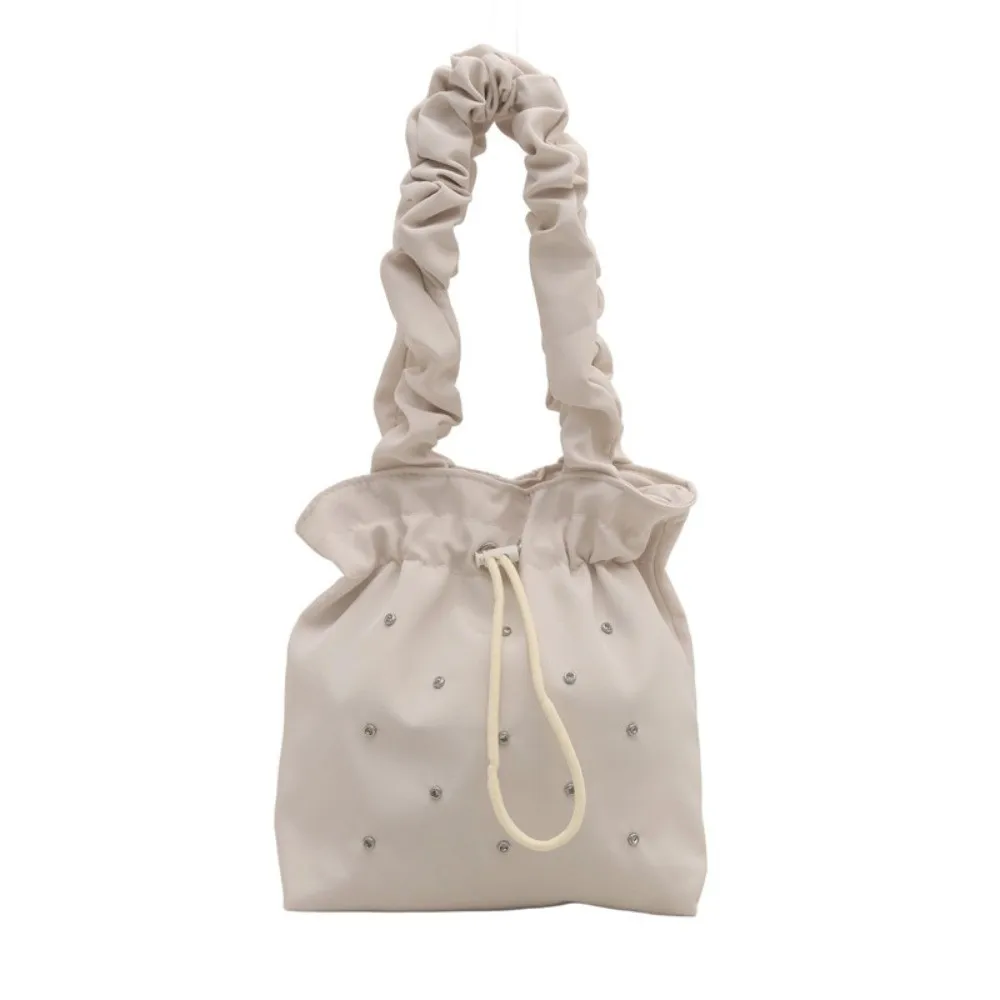 Trendy Sweet Pleated Tote Bag Large Capacity Casual Nylon Shoulder Bag Solid Color Versatile Drawstring Handbag Girls