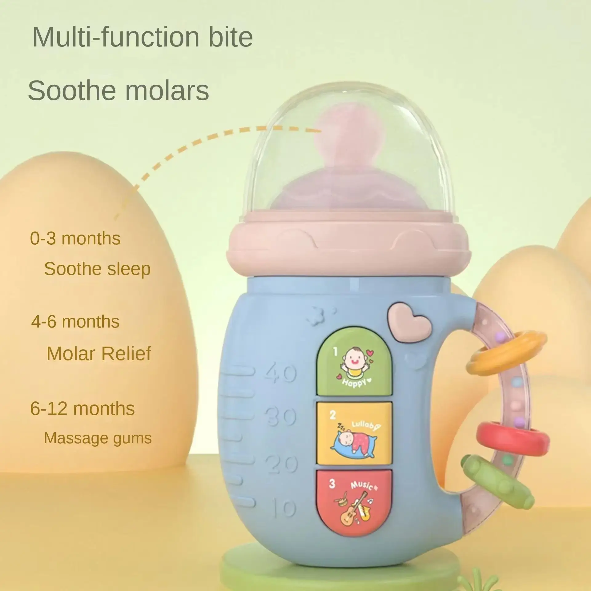 Educational Baby Teether Rattle with Nipple Chain Multi-functional Musical Teether Bottle Shape with Lights Teething