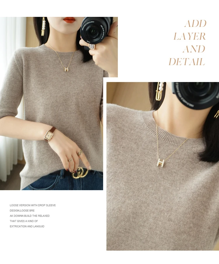 Spring 2022 New Women's O-Neck Short-Sleeved Exquisite Cashmere Sweater Pullover