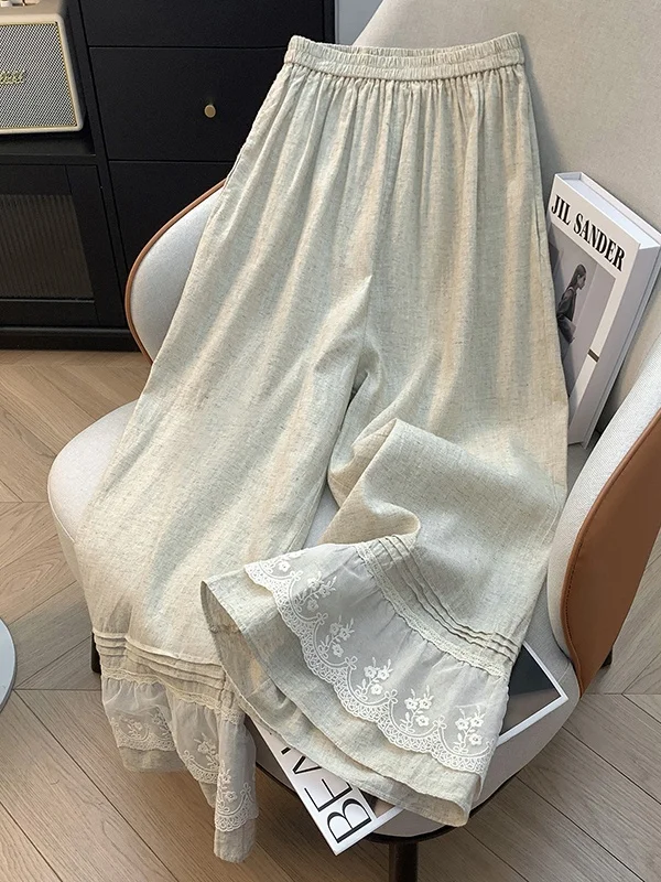 

Ретро цветочные кружевные хлопковые и льняные широкие брюки, женские летние эластичные талии, утягивающие драпированные брюки с девятью точками и большой ногой