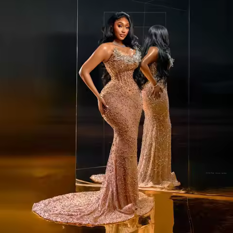 African Luxury Golden Beaded Birthday Dress Aso Ebi Wedding Reception Gown Bridal Dress Custom Black Women Evening Dresses 2026