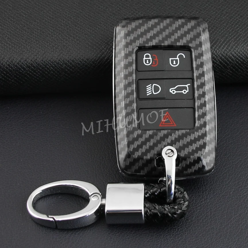 Carbon Fiber Car Key Fob Cover Chain Case For Land Range Rover Sport Evoque Defender 90 110 130 Discovery Velar Jaguar XF F-PACE