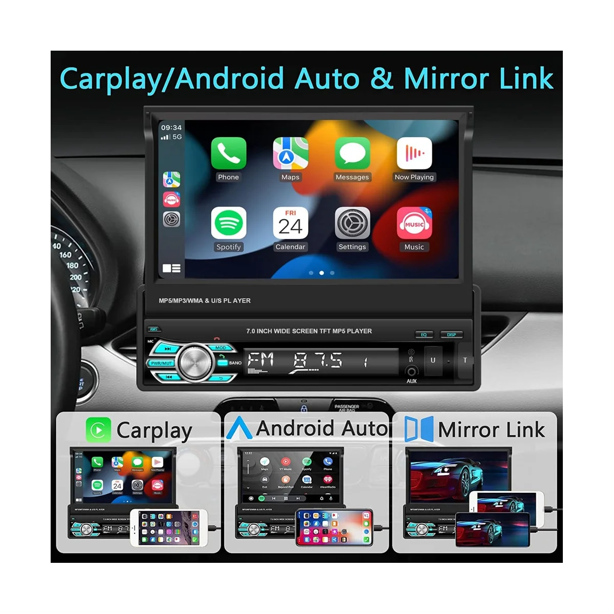 Manual Flip Car Stereo, Android Auto,Single Din, Rádio Touchscreen HD, Bluetooth FM, Link Espelho, Câmera Traseira, Carplay, 7"