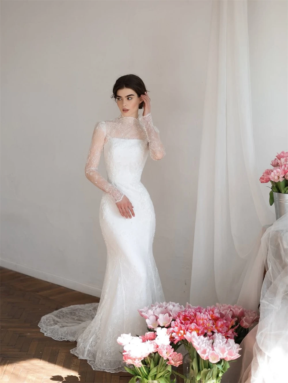 تخصيص أنيقة الدانتيل الأبيض زي العرائس الرسمي س الرقبة طويلة الأكمام فستان الزفاف الكلاسيكية حورية البحر ذيل محكمة رداء دي mariée