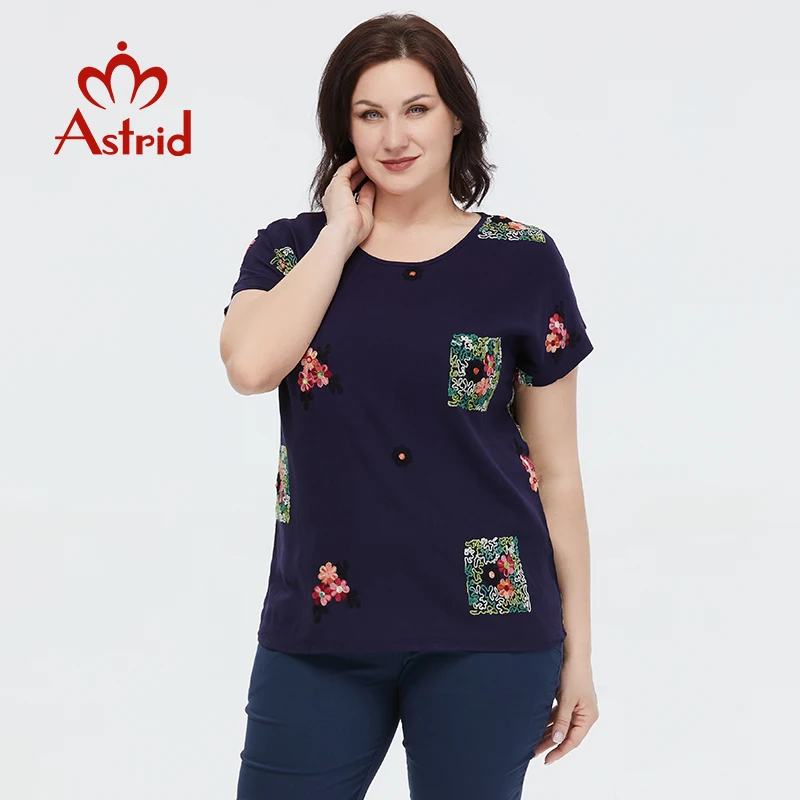 Astrid Summer Women's T-shirt 2023 Top Women Cotton Oversized Short Sleeve Tee Shirt Flower Embroidery Design Female Clothing