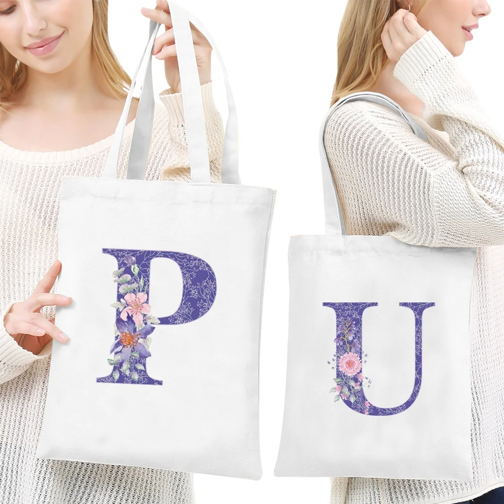 

Shopping Bags Women Canvas Shoulder Bag Reusable Ladies Purple-flower Pattern Handbags Casual Tote Grocery Storage Bag for Girls