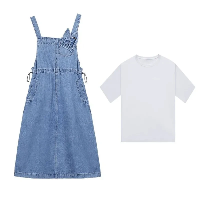 Cowboy Strap Dress Sets Women\'s Mid-Long Sleeveless Jeans Dress 2025 Summer New Korean Style Denim Suspenders Dress Suit 2PCS