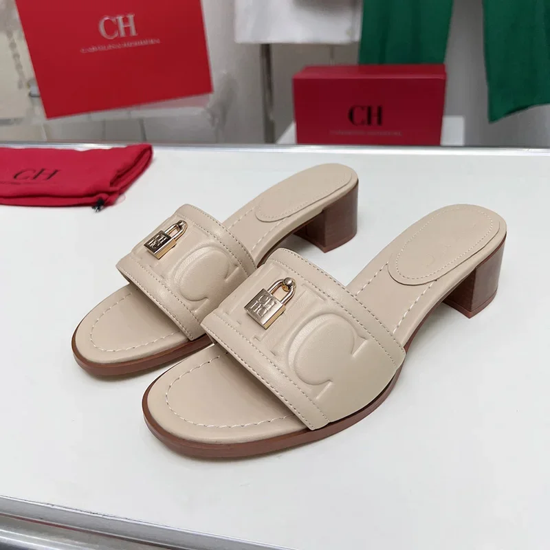 CH Letters Printed Designs Women's Office Heeled Slippers Wearable Luxury Brand Designer Sandals Niche Classics Elegant Style