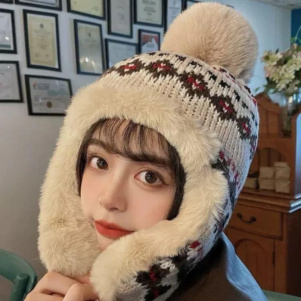 

New Pompom Warm Hat Warm Windproof Ear Protection Hat Coldproof Beanie Hat Outdoor Sports