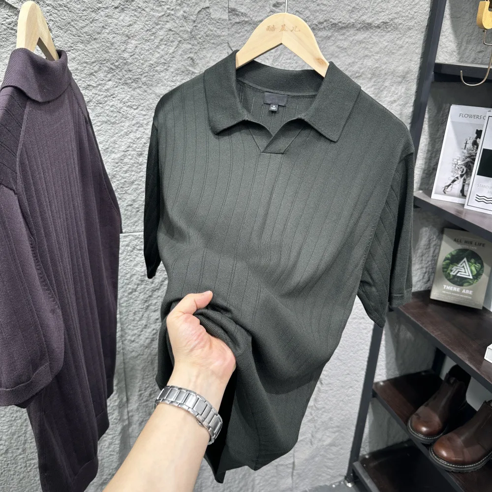 Elegant Breathable Cotton Blend Knitwear Short Sleeve Sea Gull Collar Men's T-shirt Japanese Style High End Sea Eagle Collar