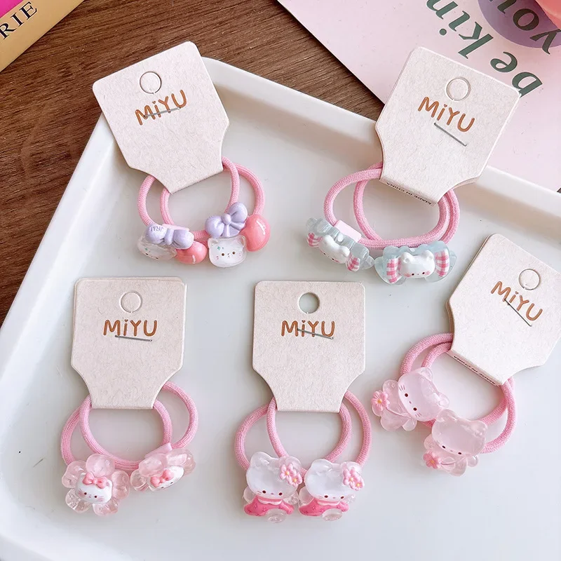 2pcs/set Pink Color Girl Hair Ring for Kids Cute Cartoon Kitten Hair Band Fashion Transparent Korean Elastic Hair Band Headwear