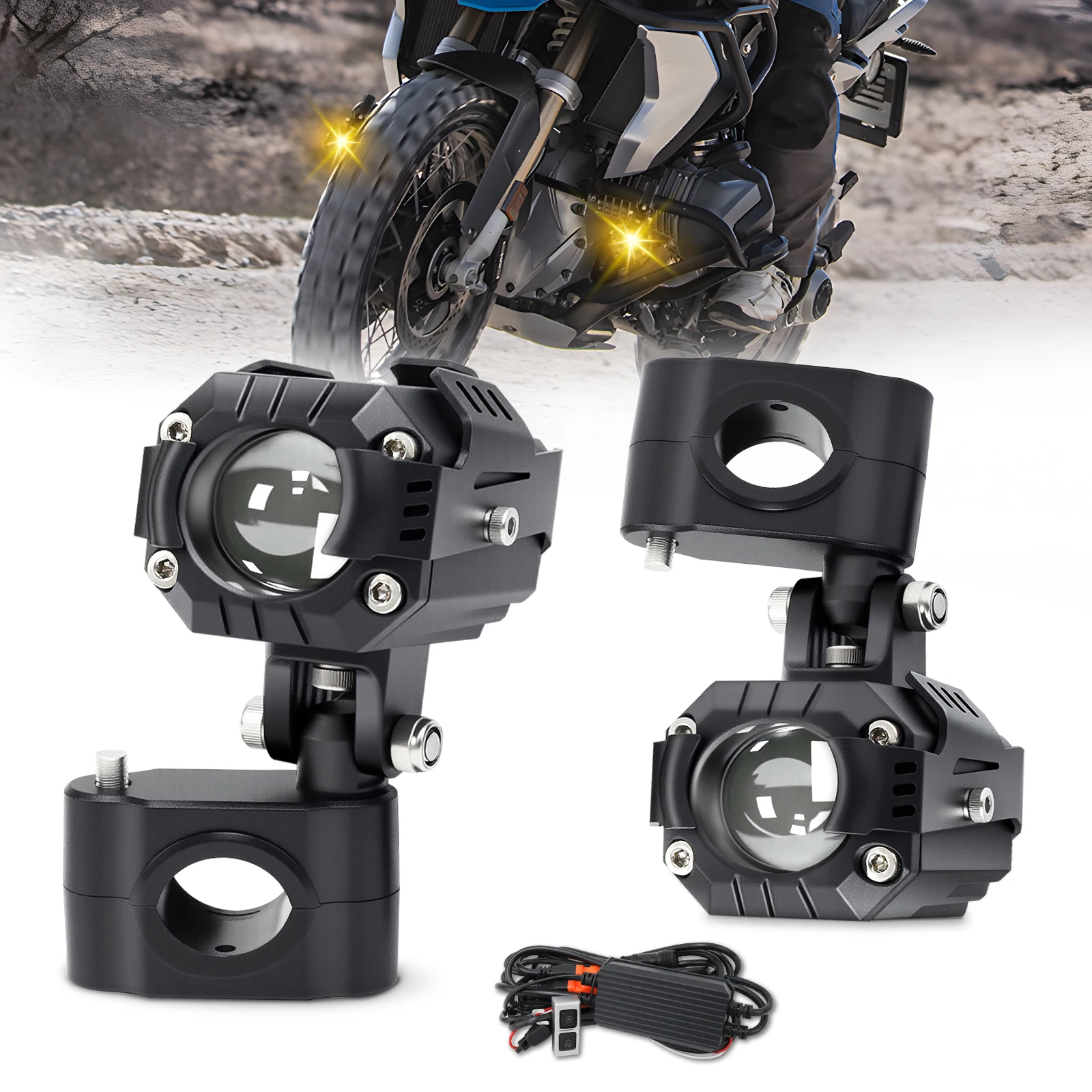 

BraveWAY [Strobe] Motorcycle Auxiliary LED Driving Light White+Yellow, LED Fog Light Kit for ADV Adventure Touring Off-road Bike