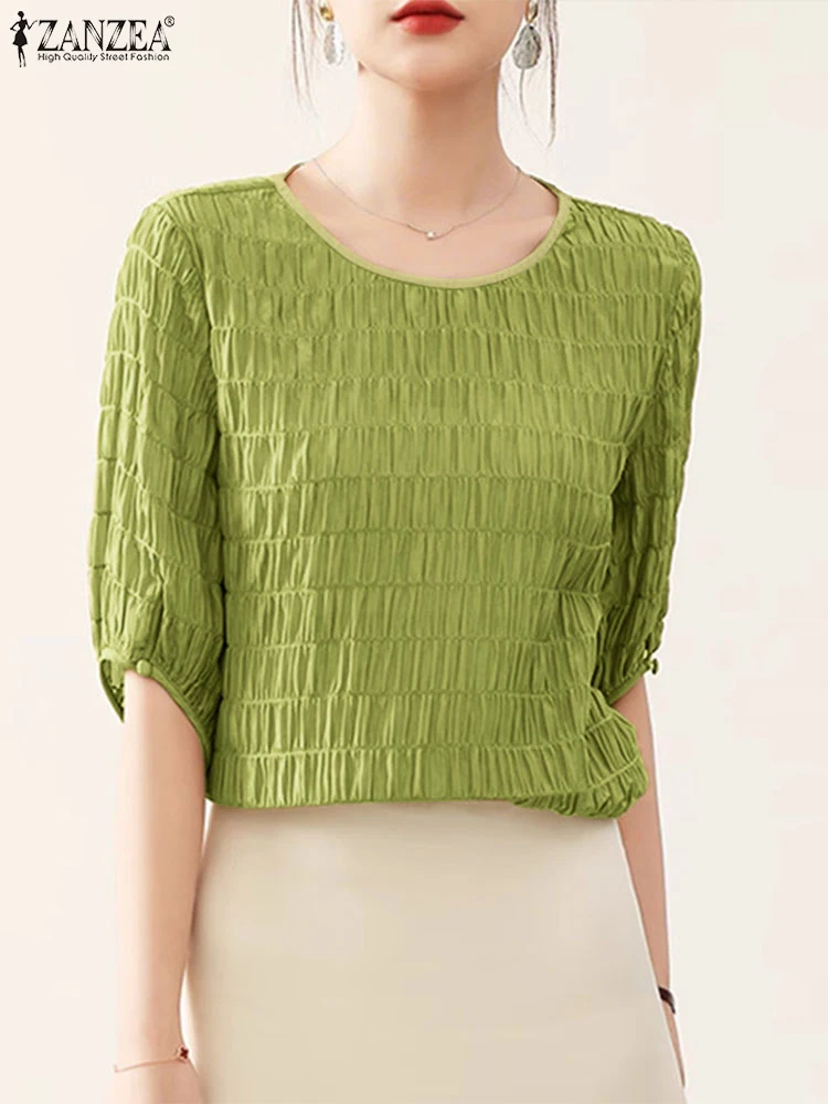 

Women Top Tee ZANZEA Fashion Solid Color Puff Sleeve 3/4 Sleeve Summer Blouse O Neck Streetwear Blusas Oversize Tunic Tops S-3XL