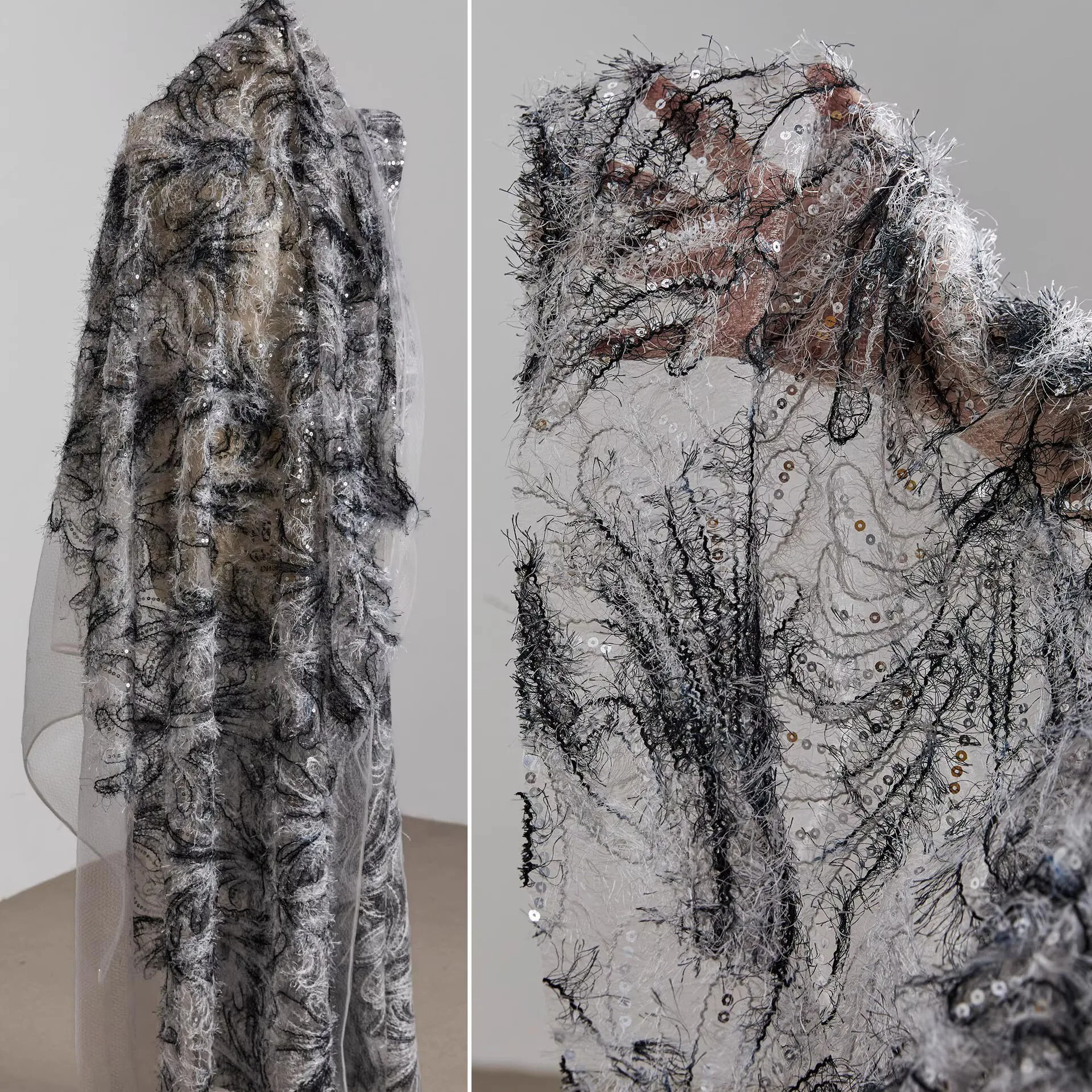 

1yard Lightweight tassel wedding dress designer Fabric for clothing Transparent mesh fabric Feather sequin embroidery patchwork