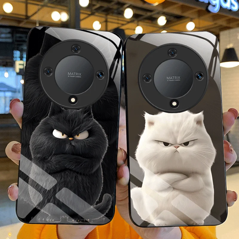 Hard Tempered Glass Case For Honor Magic8 Lite Magic 8 Pro X9d Protective Cover Cat Pattern Back Shell Fundas