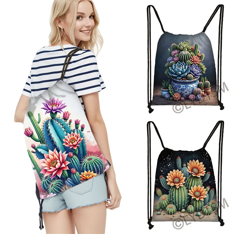 Cute Watercolor Succulents Plants Cactus Print Drawstring Bag Women Storage Bags for Travel Student Bookbag Casual Shoes Holder